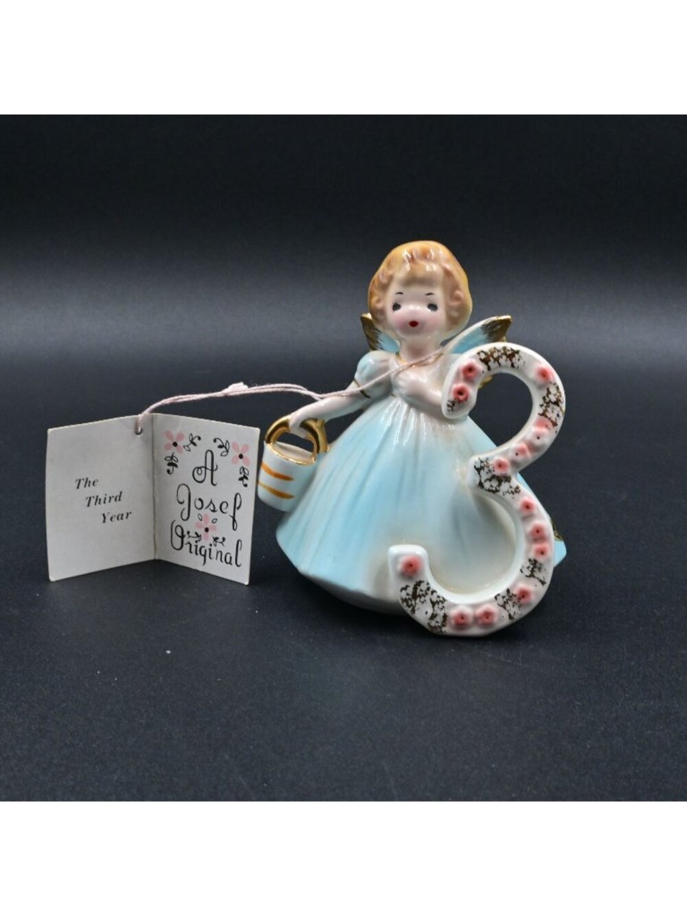Josef Originals 3rd Birthday Girl Angel Figurine Three Blue Dress W/ Tag